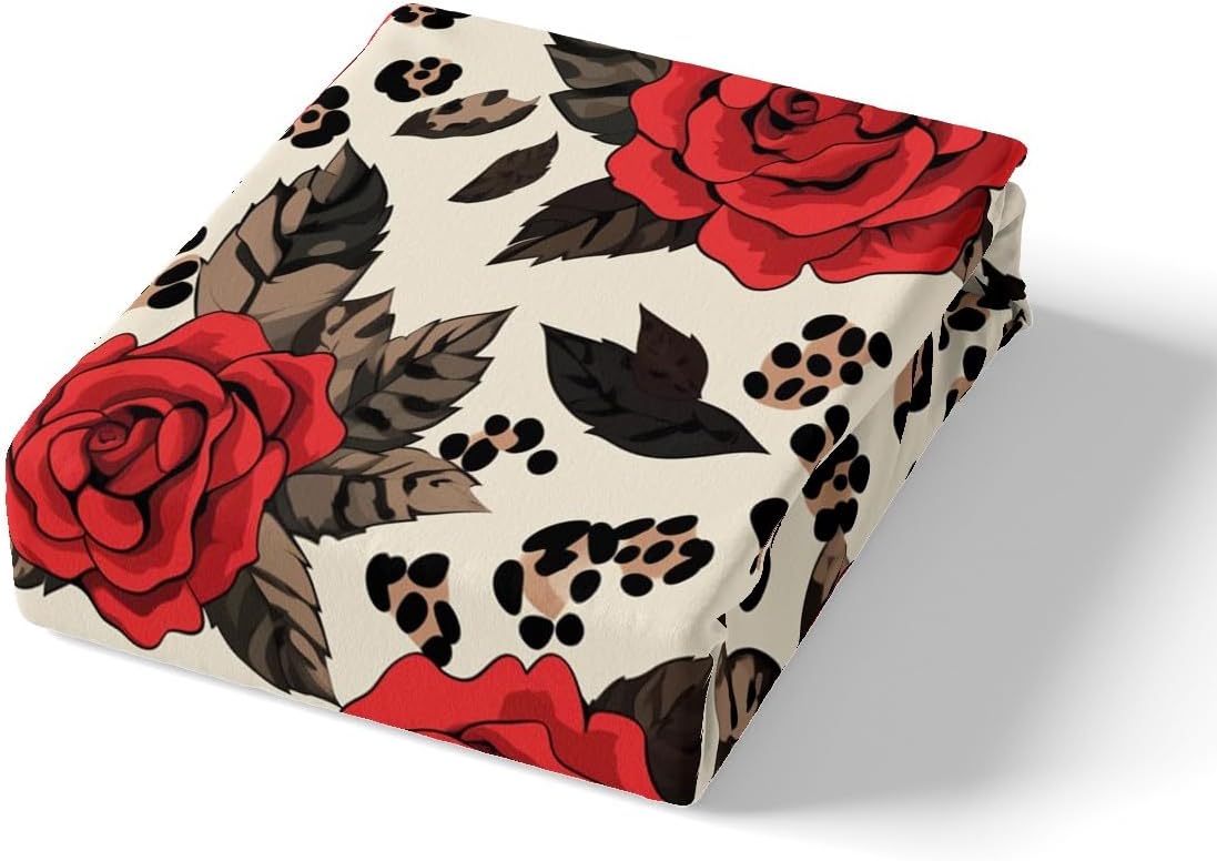 Leopard Print Duvet Cover Set Toddler Size,African Tropical Wildlife Skin Pattern Quilt Cover for Kids Boys Girls Romantic Red Rose Floral Leaves Bedding Set with 1 Pillowcase,No Comforter