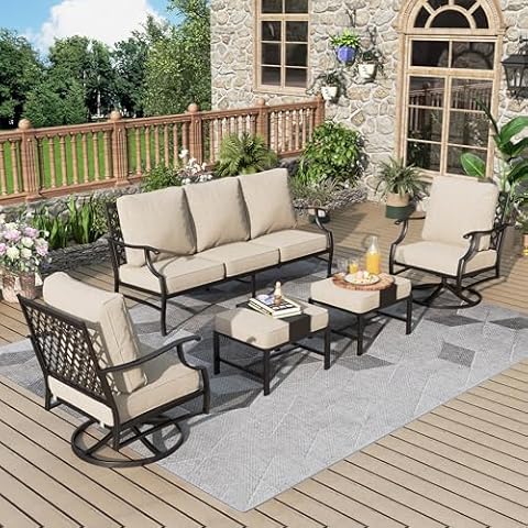 MIXPATIO Patio Furniture Set 5 pcs, Outdoor Patio Furniture, 3-Seat Sofa, 2 Swivel Chairs, 2 Ottomans and 5.75" Extra Thick Cushion, Patio Conversation Set for Garden Backyard Deck,Beige Cover