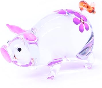 ChangThai Design Tiny 2" Long Clear Pig Figurine Purple Flower Painted - Miniature Hand Blown Glass Pigs Piglet Swine Hog Farm Animals Small Crystal Decorative Collectible Figurines Home Decor Gifts