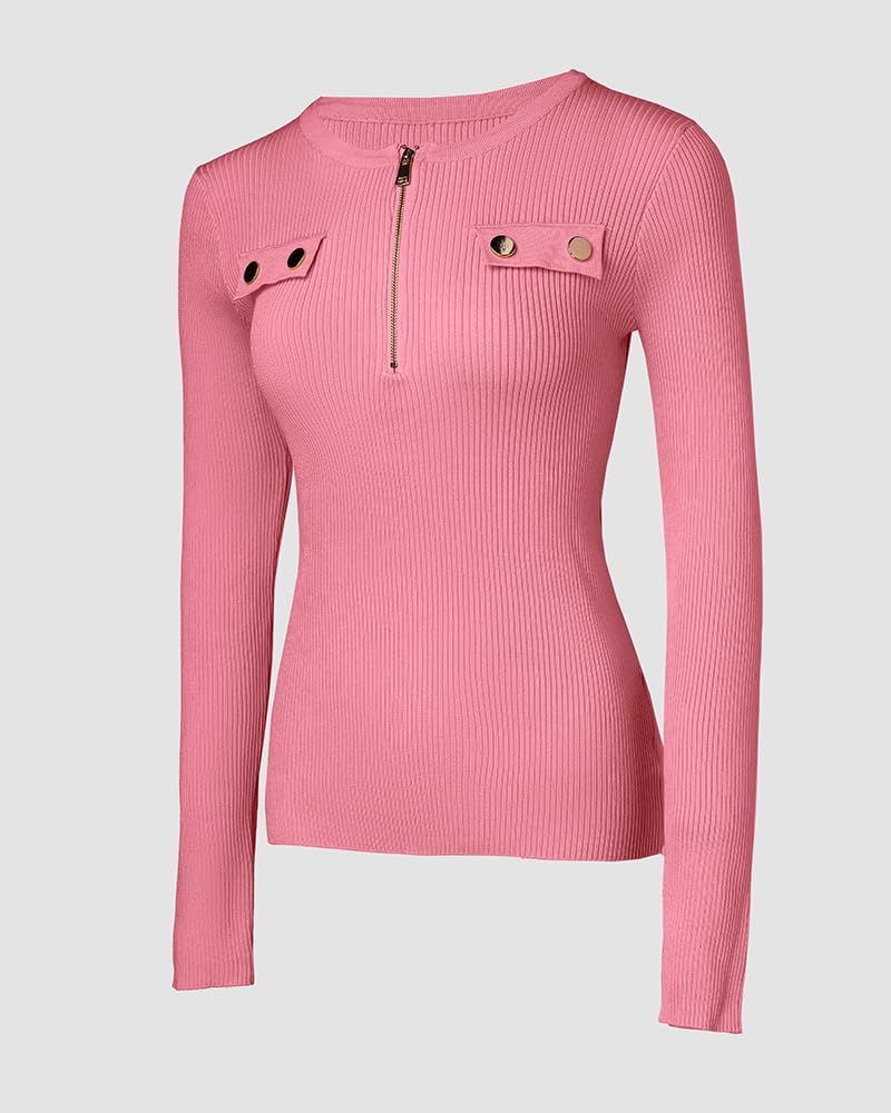 CHICME Quarter Zip Pullover Sweaters for Women Long Sleeve Fitted Sweater Casual Ribbed Knit Tops - Image 6