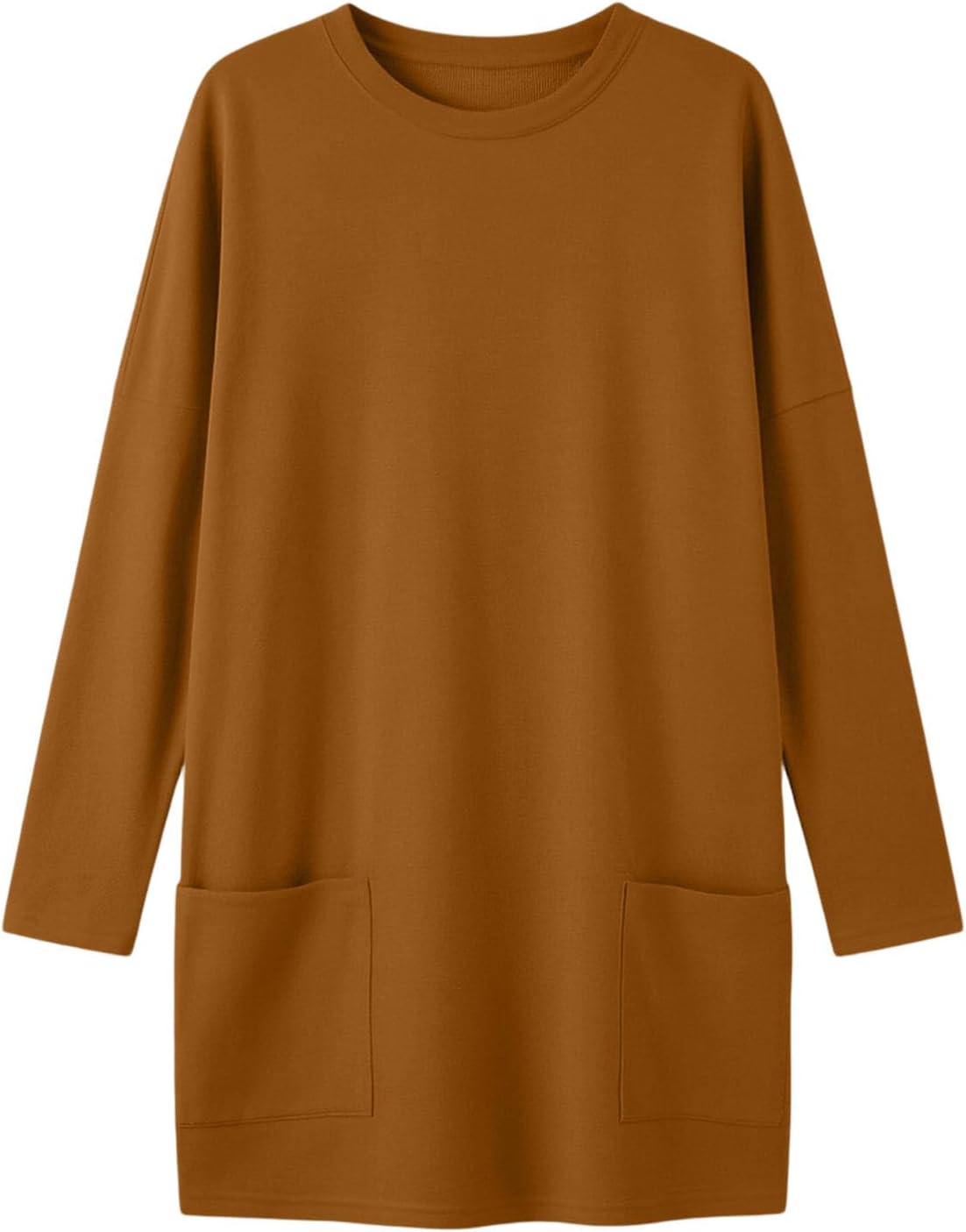 Women Mini Dress Long Sleeve Crew Neck Patch Pockets Loose Dresses