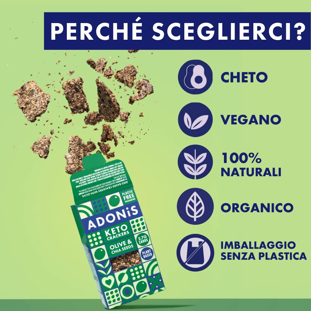 Cracker Proteici Adonis Keto alle Olive e Semi di Chia (confezione da 10 x 60g) |Vegano & Keto Friendly | 100% Naturale | Senza Glutine, Senza Zuccheri, Senza Olio di Palma,