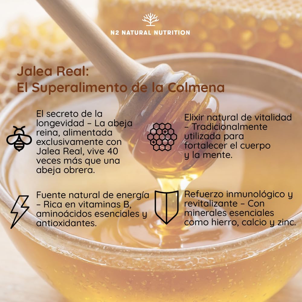 Jalea Real Adultos y Niños + Vitamina C + Propóleo + 2000 mg de Equinácea. Perfecto para Recuperar Energía y Fortalecer el Organismo. 30 Viales (10ml). Sabor Naranja. CE. N2 Natural Nutrition