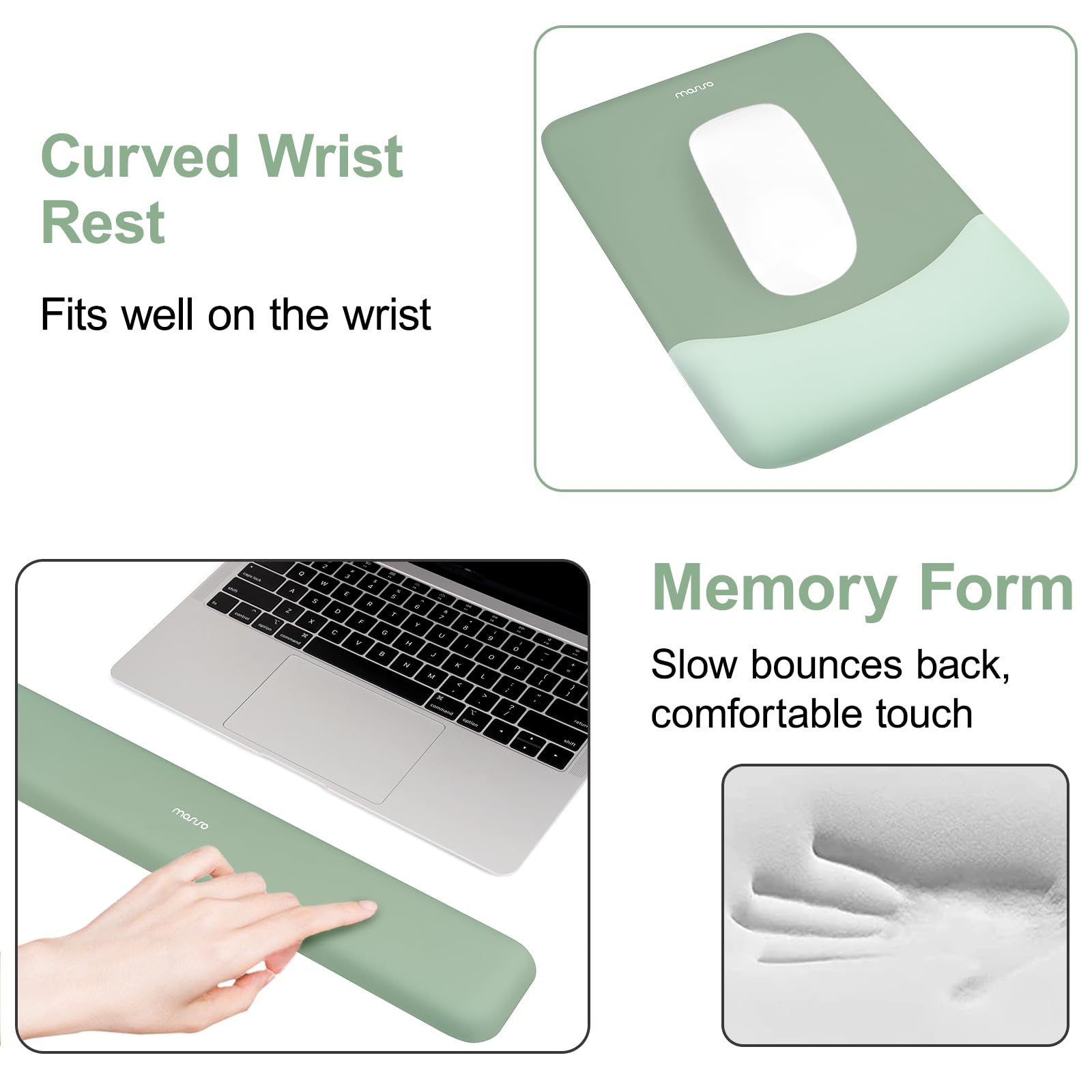 MOSISO Juego Alfombrilla Ratón Teclado,Ayuda Ratón Juego&Muñequera Rectangular Teclado&Mousepad con Muñequero&Coaster,Mousepad Ergonomía Non-Slip&Easy Typing Pad con Memory Foam Curvado,Verde Antiguo