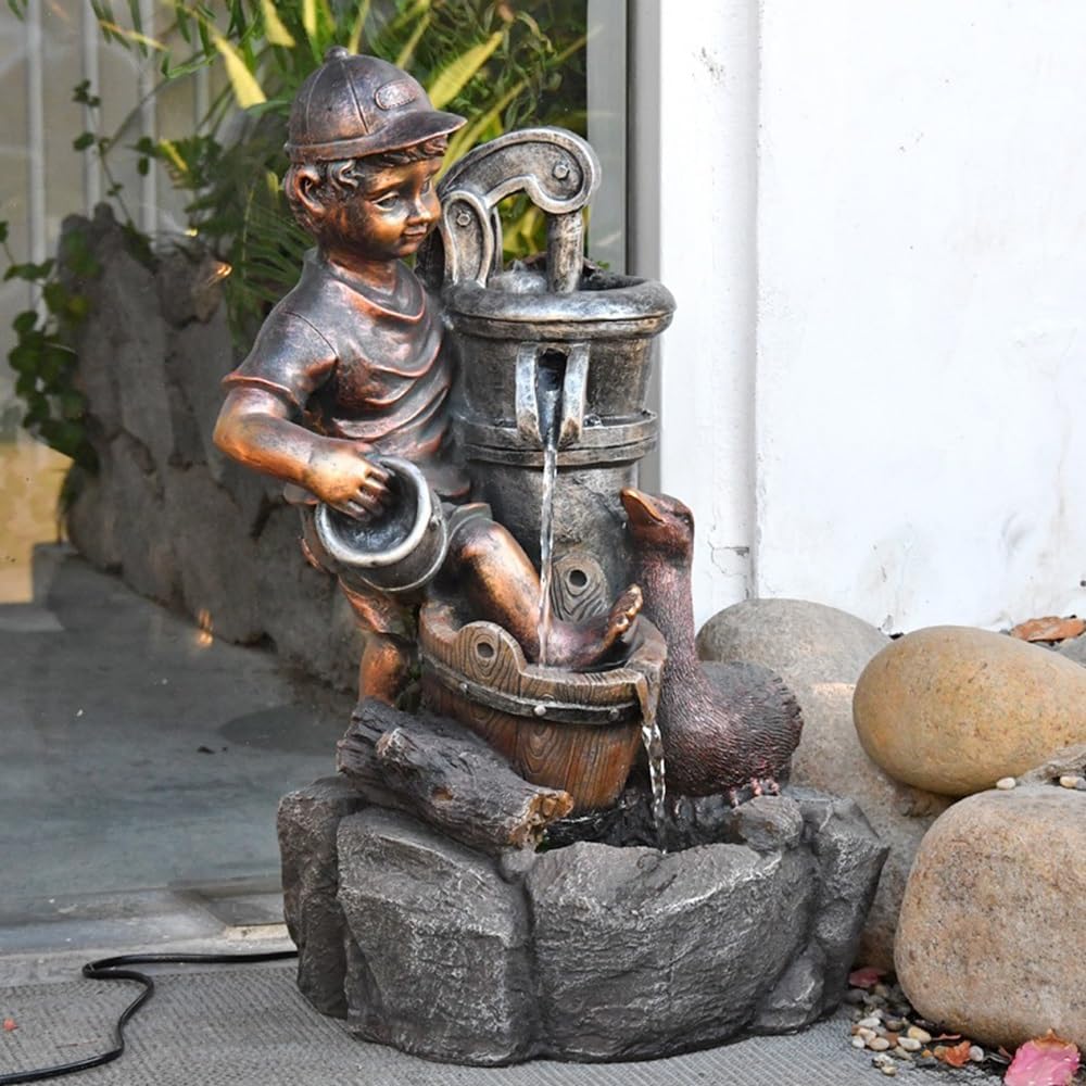 Tabletop Fountains Imitation Copper Resin Small Fountain Feeding Ducks Naughty Boy Recirculating Water European Style Ornaments Relaxation Fountains