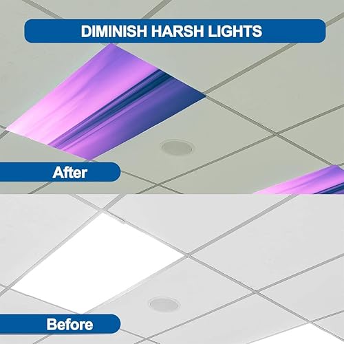 Miniatura 5 de Paquete de 4 cubiertas de luz fluorescente para luz de techo, filtros de luz de movimiento de paisaje marino morado al crepúsculo para aula,