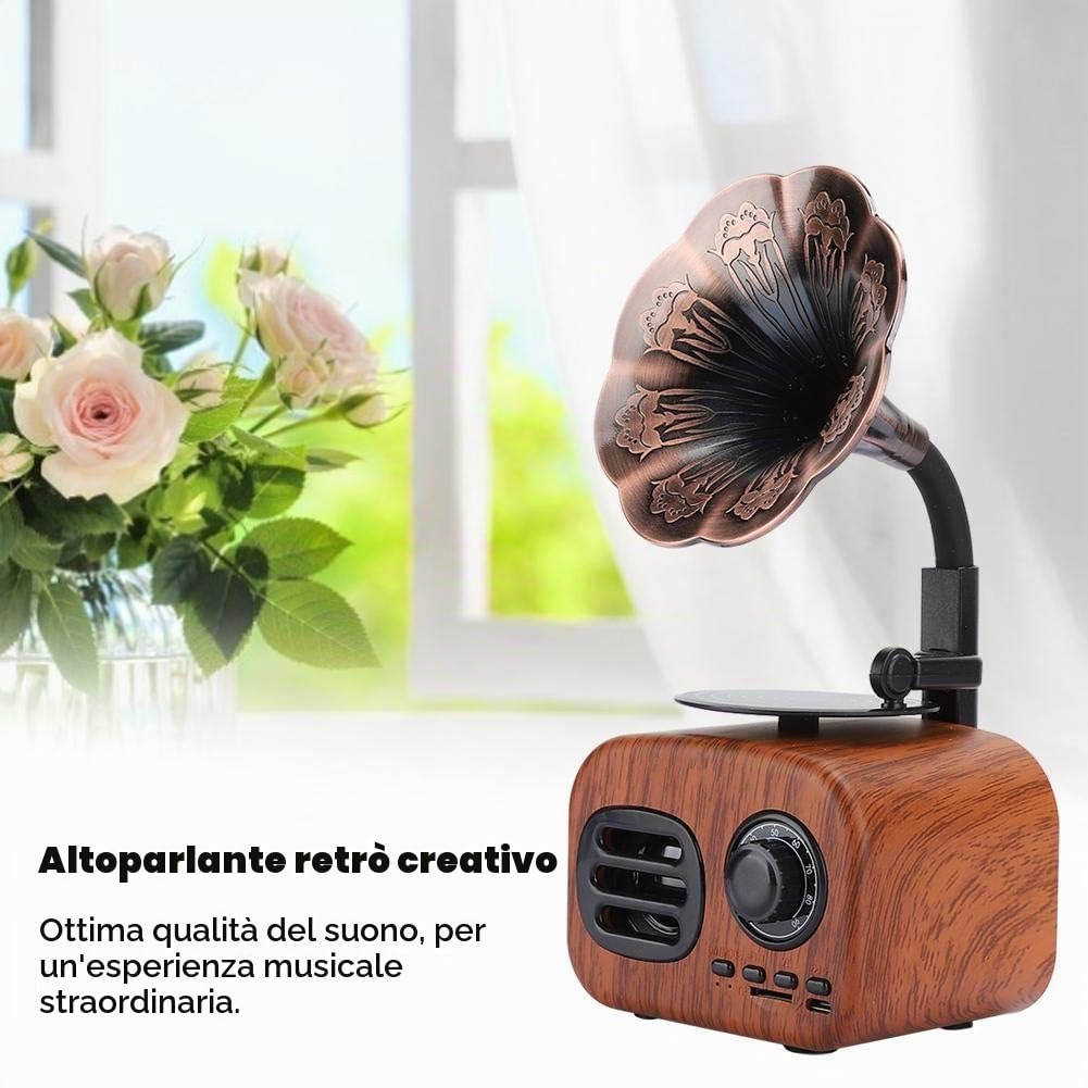 Hakeeta Altoparlante Portatile Bluetooth, Mini Altoparlante Bluetooth retrò a Forma di grammofono, Scheda Plug-in di Supporto, Ampia compatibilità, Batteria Integrata con Grande capacità(Marrone)