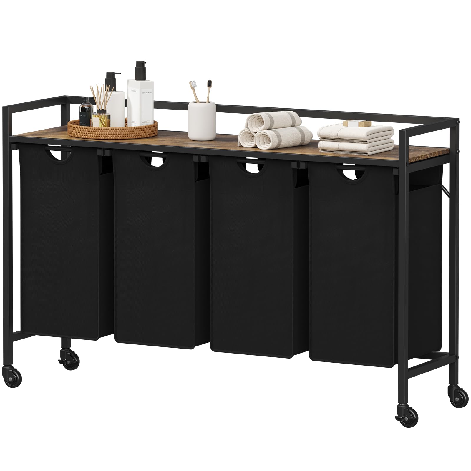 Lifewit Wäschesortierer 4 Fächer, 168L Wäschewagen mit Rollen, Wäschekorb mit Ablage, Wäsche Sortiersystem, Wäsche Organizer Schmutzwäsche, Wäschetrenner für Badezimmer, Waschküche,Wäscheregal Schwarz