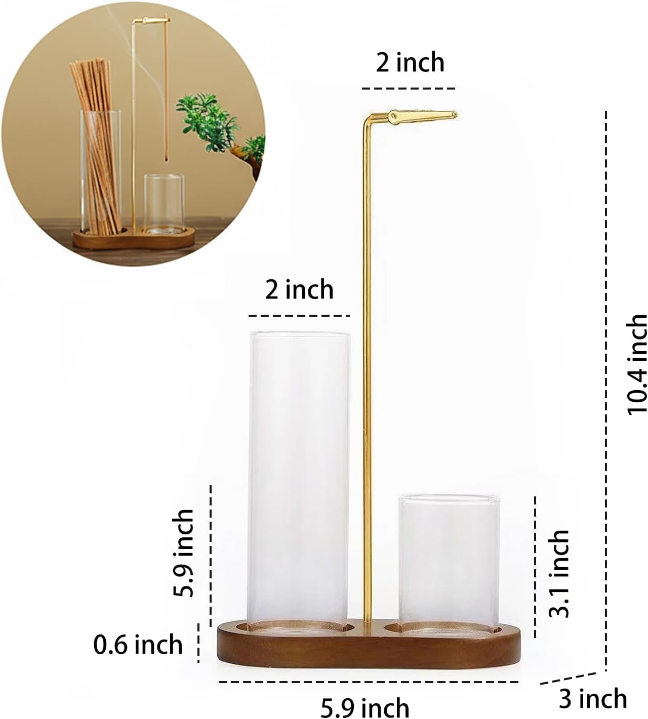 2-in-1 Incense Stick Holder with Glass Ash Catcher, Dual Glass Cups & Metal Clip, Minimalist 8-Shaped Wooden Base, Home Decor Gift (Dark Base)