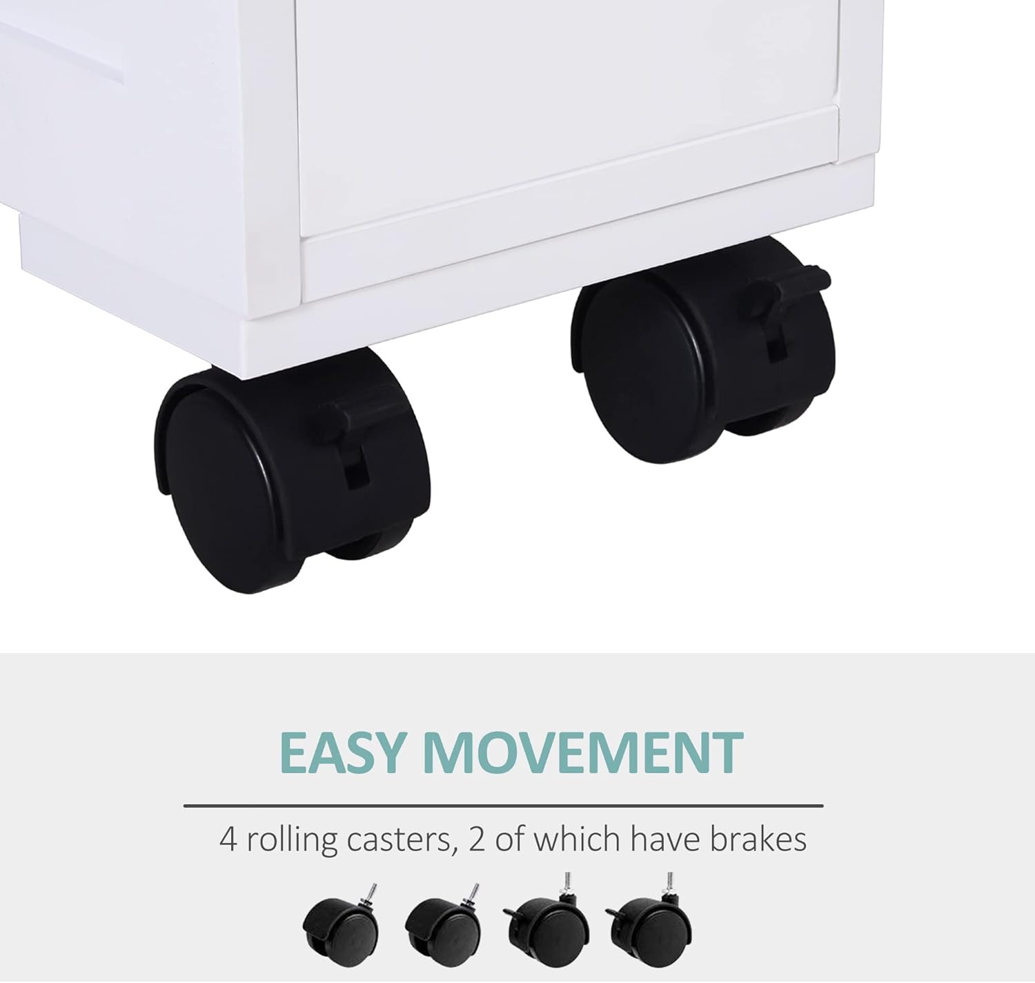 HOMCOM 6.25" x 20.5" x 28.25" Wood Rolling Narrow Bathroom Side Storage Cabinet - White