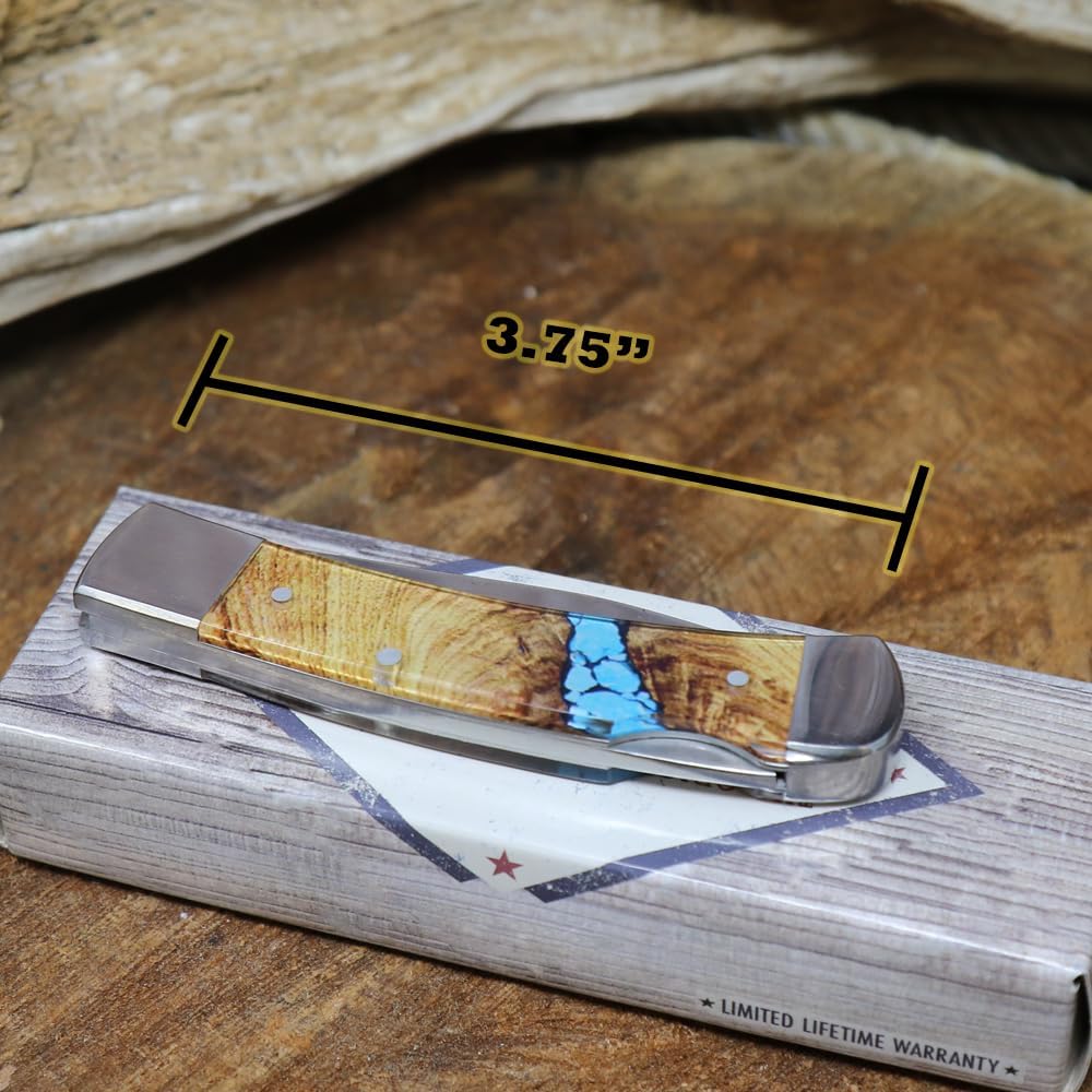 WHISKEY BENT HAT CO. Traditional Lock Blade Folding Pocket Knife 3.75" Closed Length 440C Stainless Steel Blade (Turquoise River)