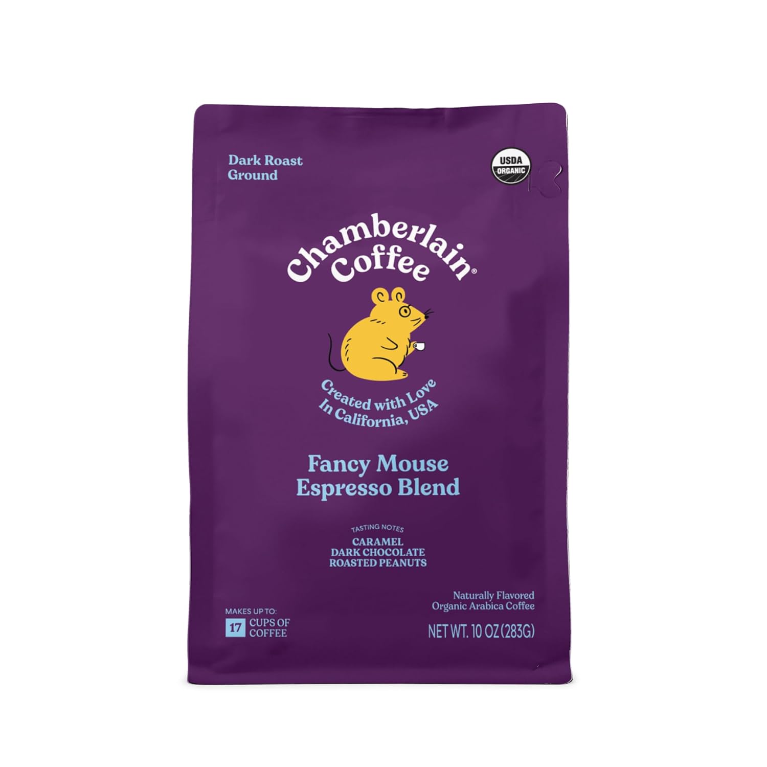 Chamberlain Coffee Fancy Mouse Espresso Blend – Extra Bold, Dark Roast Ground Coffee Beans with Notes of Sweet Caramel, Dark Chocolate & Toasted Peanuts – Specialty Ground Coffee – 10 oz