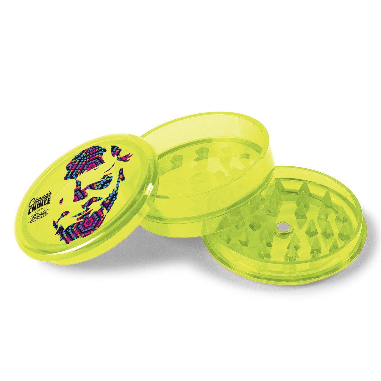 Chong’s Choice 3-Piece 63mm Acrylic Grinder - Transparent Neon Green Color + Beamer Smoke Sticker