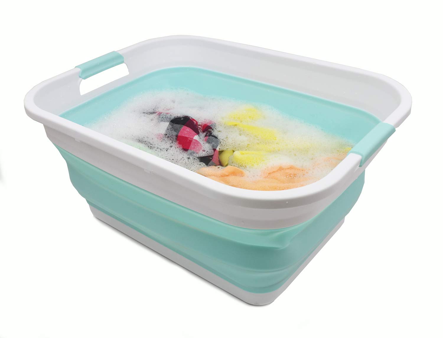 SAMMART Cesta plegable de plástico para la colada – Contenedor de almacenamiento plegable – Bañera portátil – Cesta de ahorro de espacio (blanco / verde lago, 2)