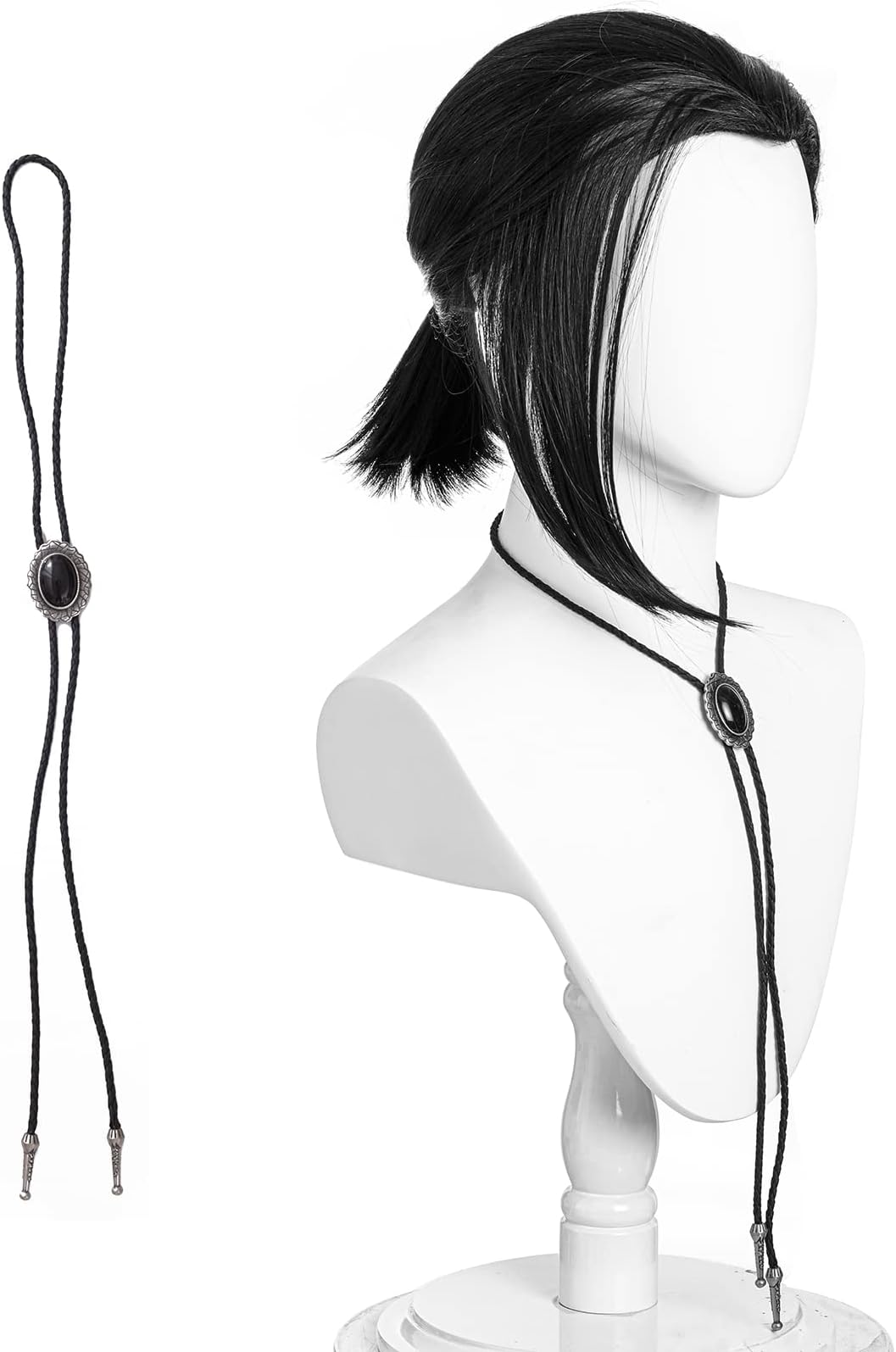 Adult Men Short Black Pigtail Synthetic Hair Wigs with Bolo Tie for Costume Cosplay Halloween Party