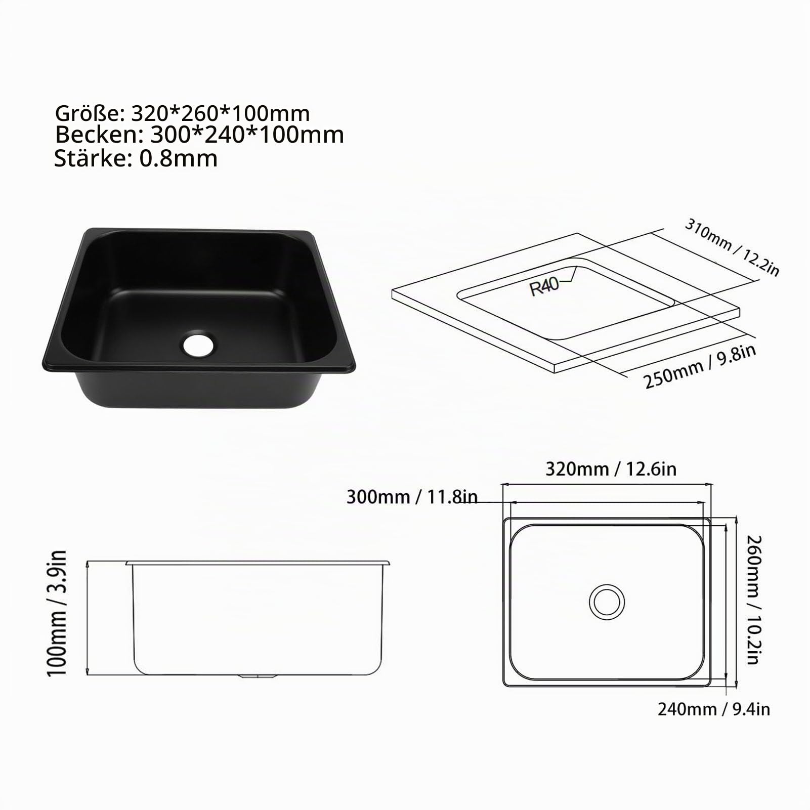 Edelstahl-Wohnmobil-Spüle, 320 X 260 X 100 Mm, Edelstahl-Wohnmobil-Küchenspüle, Küchen-Badezimmerwaschbecken mit 40-mm-Ablauf für Boot, Wohnwagen, Wohnmobil, Unterbau-Küchenspüle