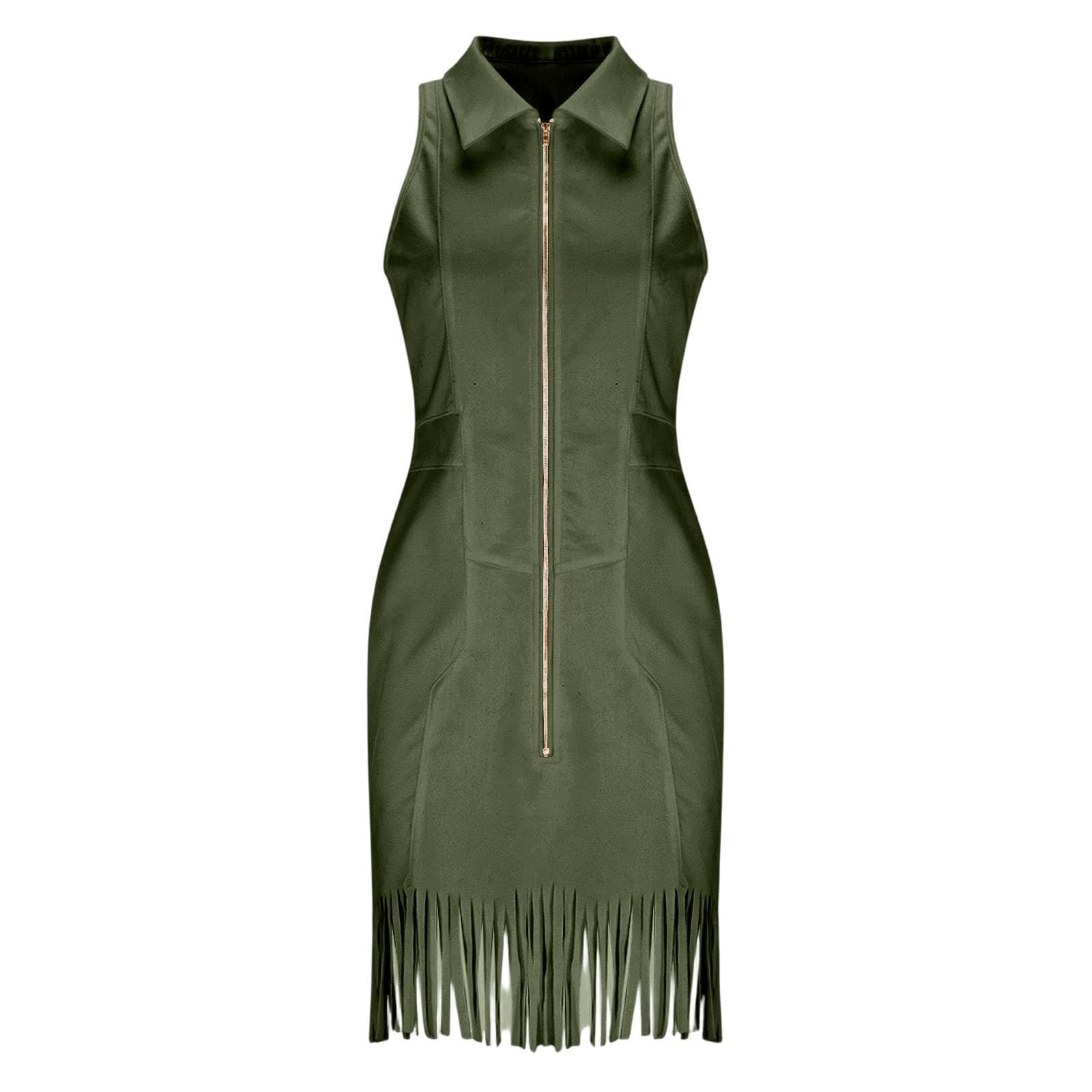 Robe élégante pour femme - Robe d'été sexy - Avec fermeture éclair - Revers - Épaules dénudées - Sexy - En daim - Style bohème - Avec pompons - Coupe ajustée - Épaules dénudées