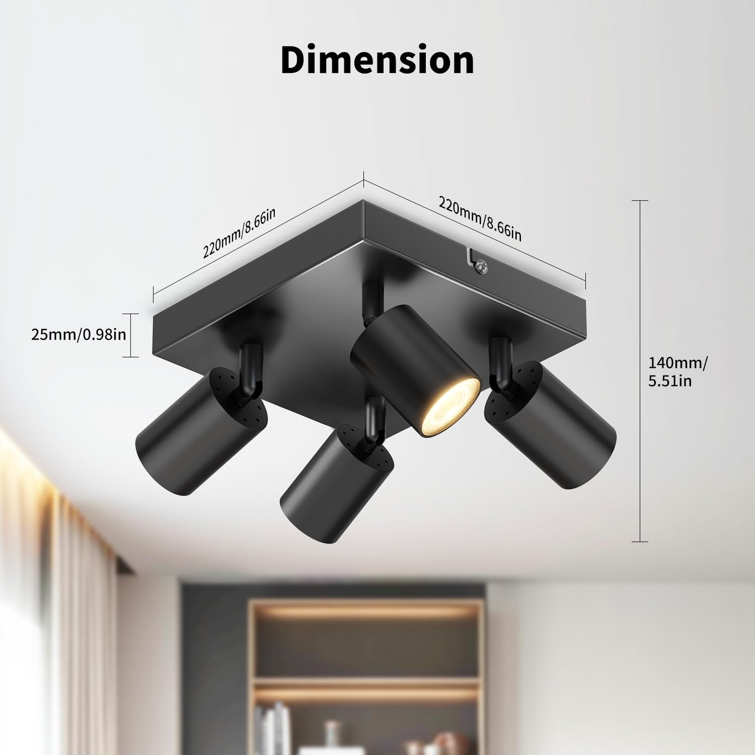 LVWIT Kitchen Lights Ceiling,GU10 Light Fitting,Adjustable 4 Way Ceiling Spotlight Fitting,LED Black Ceiling Light,Square Ceiling Spotlight,Ceiling Light Fitting Bracket (Bulb Not Included) - Image 4