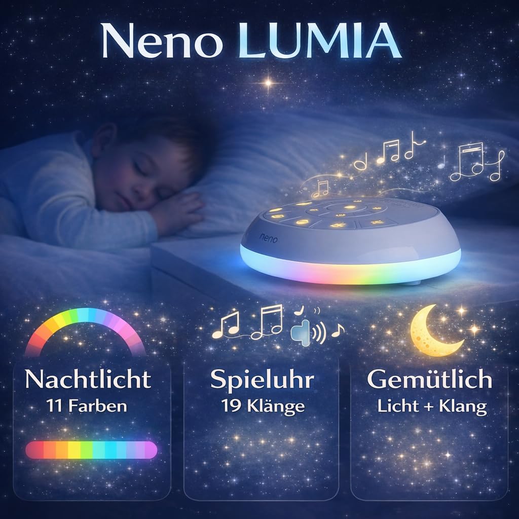 Neno Lumia White Noise Machine Baby - Weißes Rauschen mit Einschlafmusik - Einschlafhilfe Babys mit Nachtlicht - Naturgeräusche Box mit Stilllicht und Herzschlag-Aufnahmefunktion