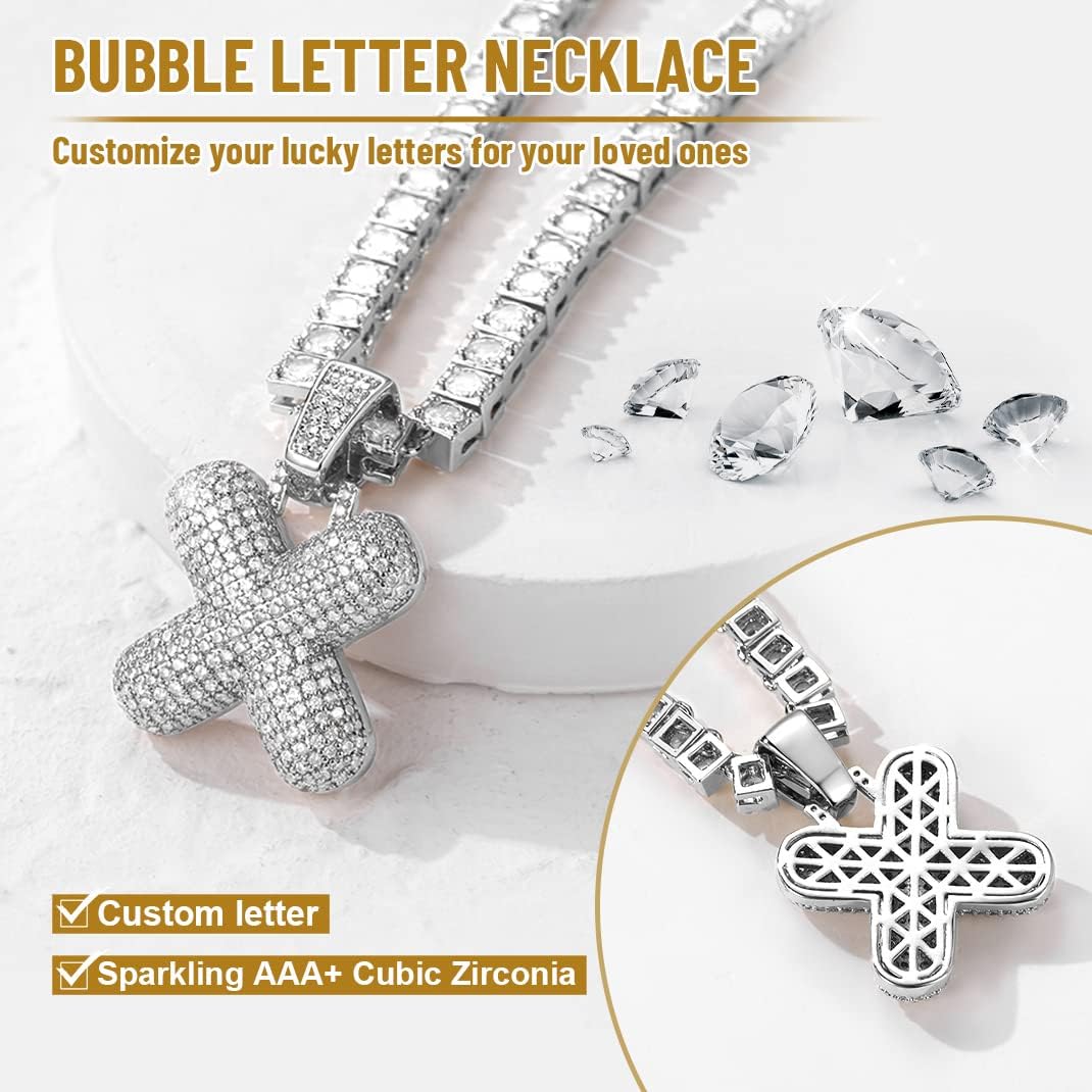 GoldChic JEWELRY Customized Iced Bling Pendant for Men, Gold Plated CZ Initial Letter Necklace with Tennis Chain, CZ Alphabet Charm Men Women Hip Hop Jewelry A to Z