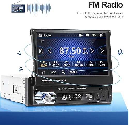 Miniatura 5 de Bluetooth Single DIN Estéreo de coche de 7 pulgadas con pantalla táctil retráctil Radio para coche con cámara de respaldo Soporte Espejo Link