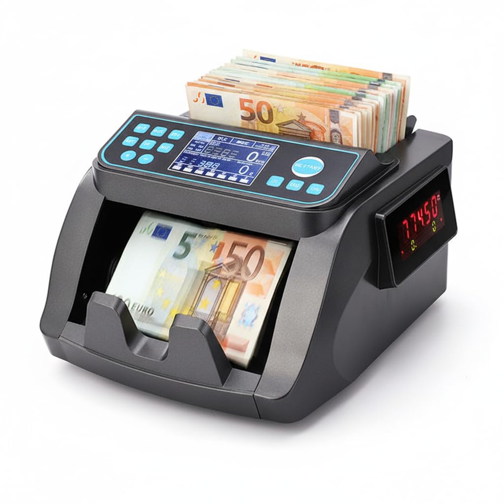 Conta Banconote Professionale 5300 con Doppio Display – Rilevamento Banconote False, Contatore Misto Multivaluta Euro e Dollari, >1000 Banconote/Min