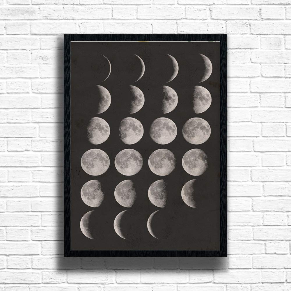Moon Phases Framed Wall Art Print, Minimalist Black & White Design Poster with A3, A4 Frame in Black Oak White Colour Options (Black, A3)