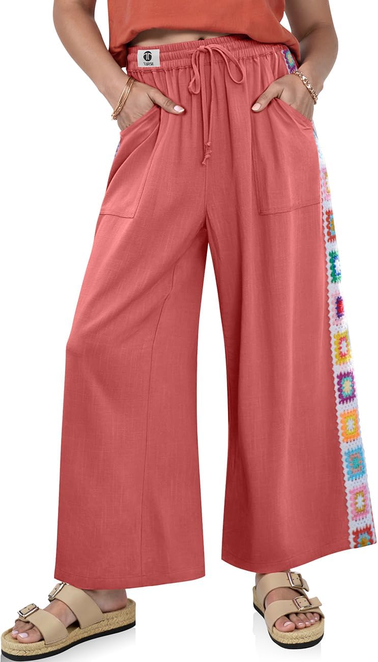 TARSE Womens Wide Leg Linen Pants Summer Casual Drawstring Loose Lounge Palazzo Crochet Panel Pant with Pocket