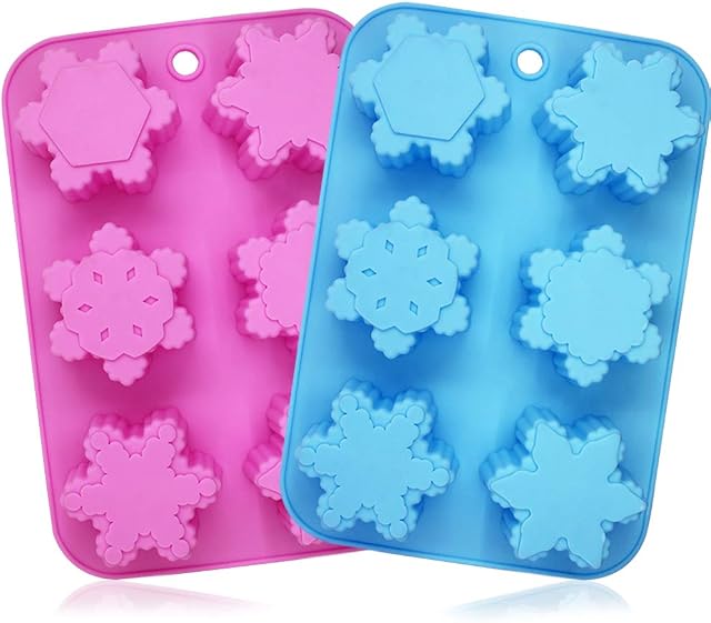 SENHAI 2 Pcs 6-Cavity Snowflake Silicone Baking Cake Mold, Handmade Christmas Muffin Chocolate Candy Cake Pan Soap Moulds Ice Cube Tray - Pink, Blue
