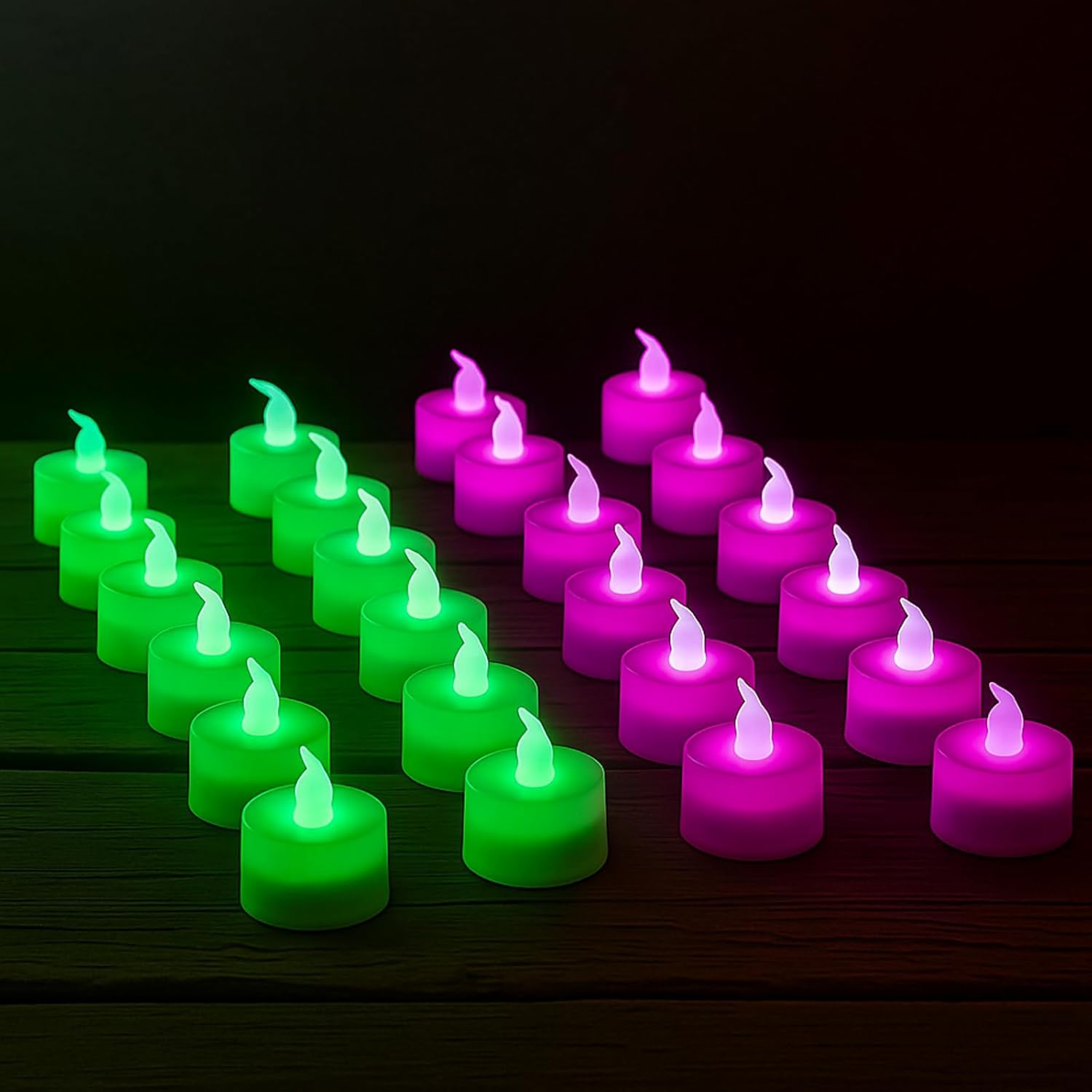 Nuanchu 24 Pack Princess and Witch Party LED Tea Lights Candles Pink and Green Flameless Flickering LED Tealights Battery Operated Faux Candles for Witch Princess Birthday Halloween Party Decorations