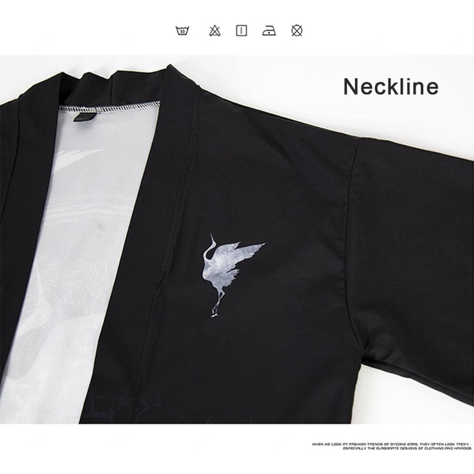 Cárdigan Tipo Kimono para Hombre, Camisa Tipo Kimono de Verano, Chaquetas japonesas Informales, Abrigo con Frente Abierto y Manga 3/4, Yukata Ligera,Black-XXL