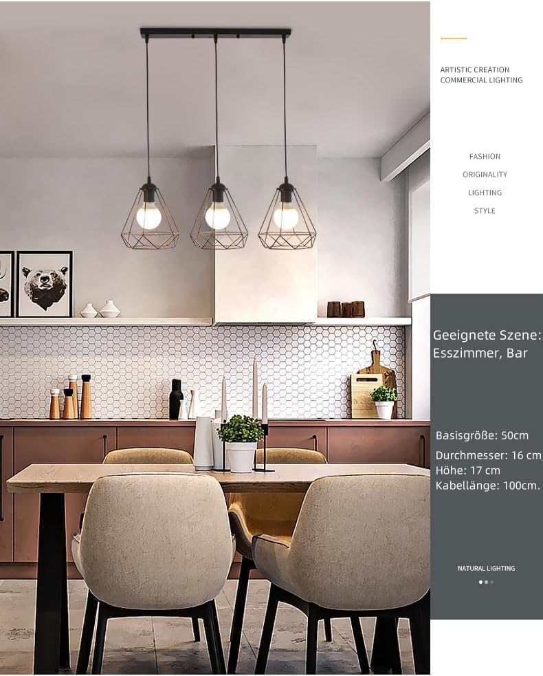 Miniatura 8 de Lámpara colgante industrial de 3 luces, lámpara vintage de hierro negro con diseño geométrico, enchufe E27, accesorio colgante ajustable (6.3 x 6.7