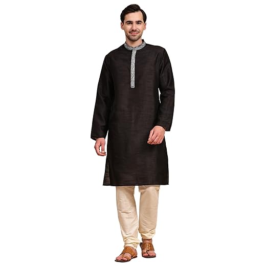 SKAVIJ Men's Tunic Art Silk Kurta Pajama Wedding Party Suit Dress Set (Small, Gold)