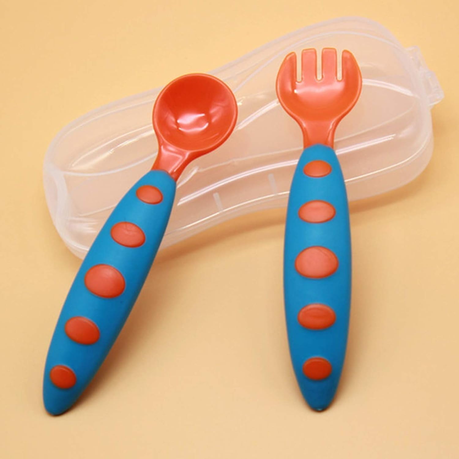 Safe-O-Kid BPA-Free Spoon & Fork Training Set with Box – Non-Toxic, Safe, Ergonomically Designed for Little Hands, Includes Travel-Ready Storage Box, Blue & Orange Pack of - 1-image-1