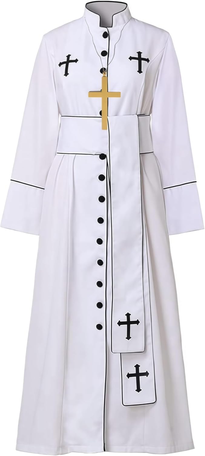 Men's Priest Costume Clergy Robe Church Minister Pastor Worship Cassock with Cross Necklace for Adult