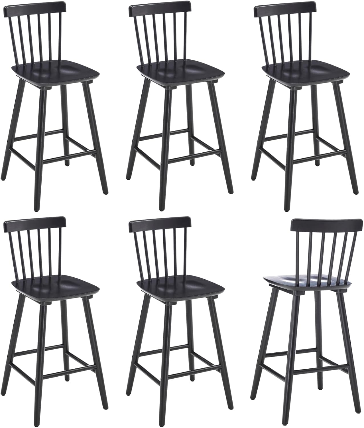 chairus 26" Black Windsor Counter Height Bar Stools Set of 6, Farmhouse Wooden Counter Stools with Spindle Back, Modern Rustic Kitchen Island Bar Chairs