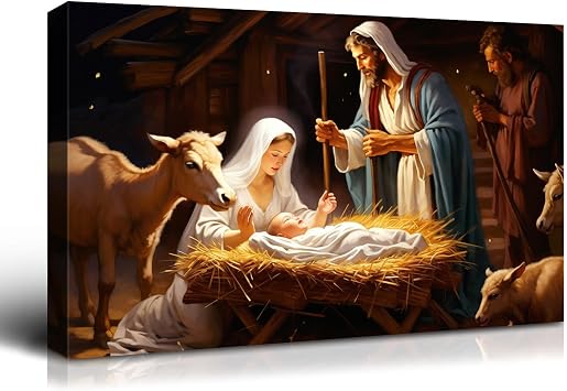Wewejia - Nativity Scene Canvas Wall Art 18x12 Inch, Religious Christmas Manger Picture Print with Holy Family Stable Jesus Poster Bible Mural, Living Room Bedroom Church Wall Decor