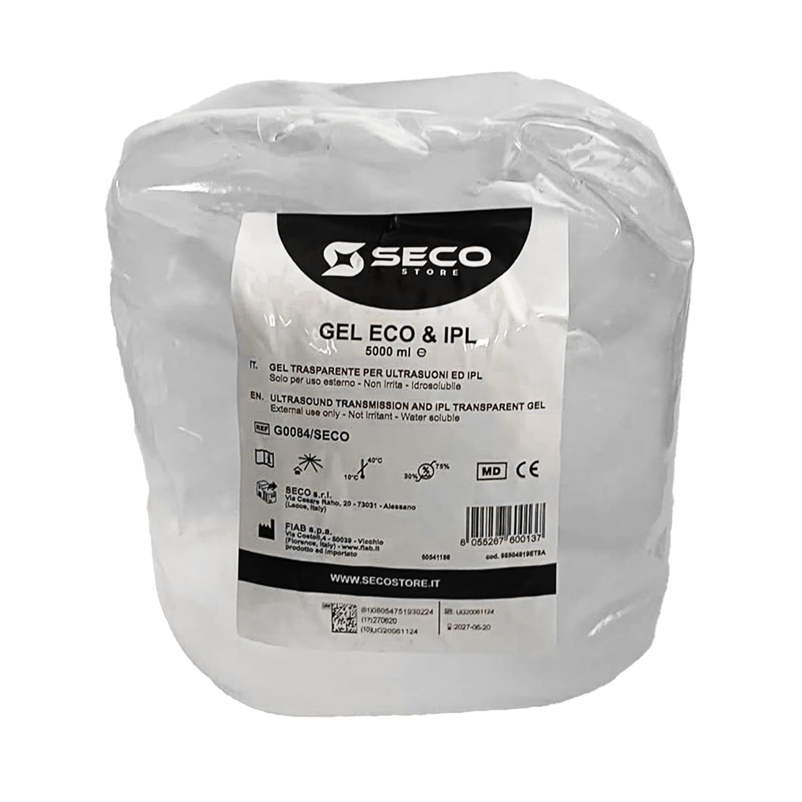 SECOSTORE Gel Conduttore Trasparente, Ultrasuoni Ecografia ECG Luce Pulsata, Ipoallergenico | Confezione 5 litri + Dosatore 250 ml