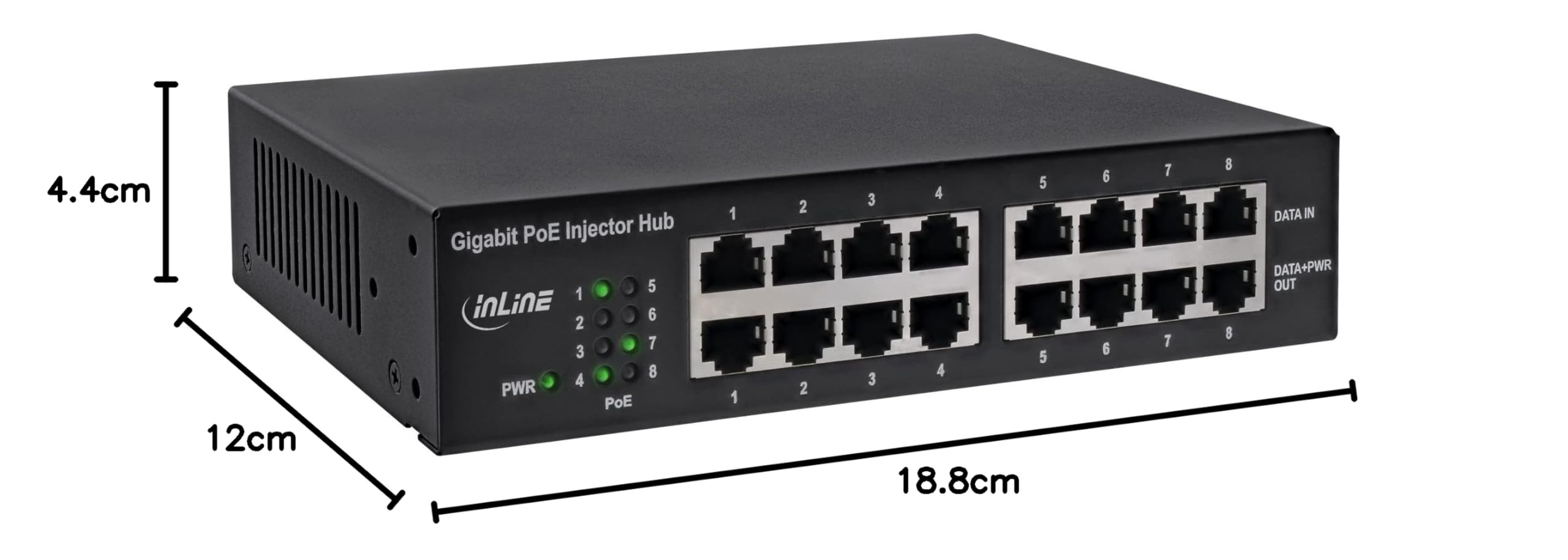 InLine 32308H PoE+ Gigabit Netzwerk Injektor Hub 8 Port (8x PoE+), 1GBit/s, 19" (Winkel enthalten), Metall, lüfterlos