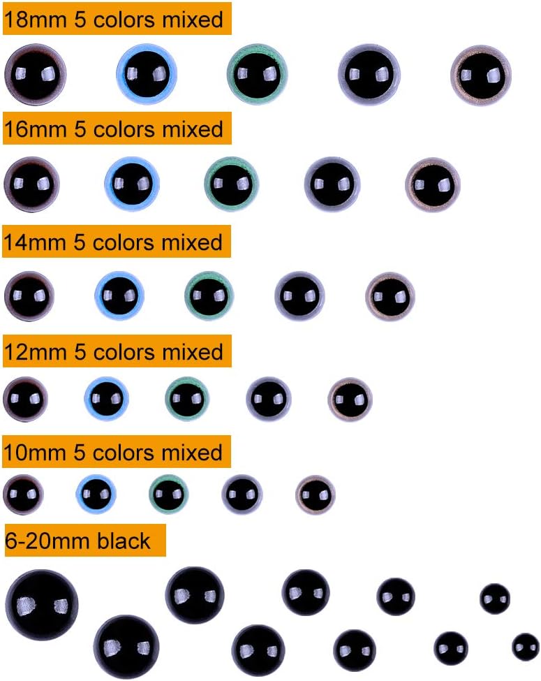 Winlyn 282 Pcs 6-20mm Colorful & Black Plastic Safety Eyes with Washers Craft Doll Eyes for Amigurumi, Crafts, Crochet Toy and Stuffed Animals (Assorted Sizes)