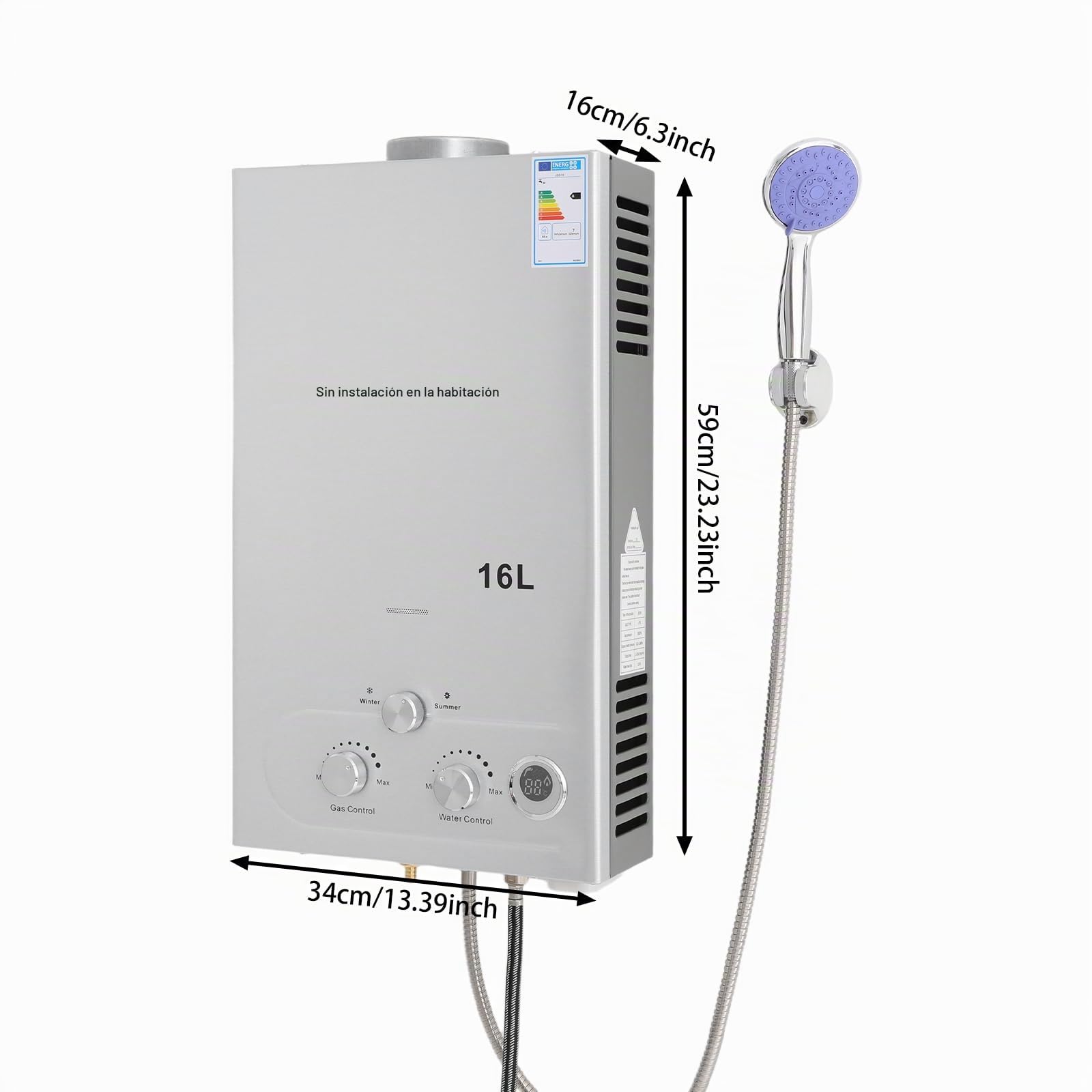 Calentador de agua de gas 16LPM, 24 kW, GLP, propano butano, calentador de agua de gas portátil, baja presión de agua de arranque, para camping, casas de barco