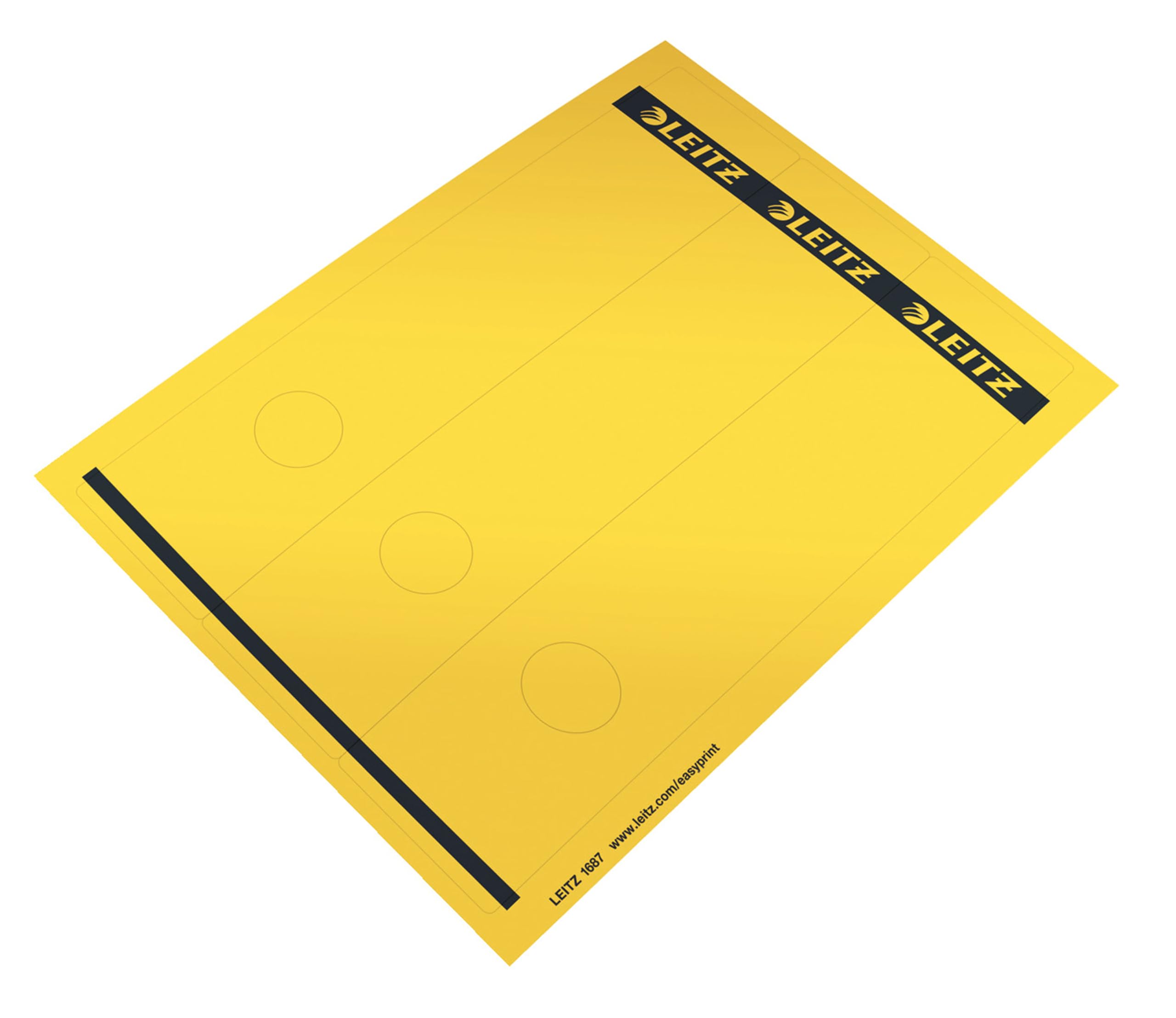 Leitz Etichette adesive A4 stampabili al PC per raccoglitori a leva in cartone, Formato lungo e largo, Giallo, 61,5 x 285 mm, Cartoncino, 16870015, Confezione da 75