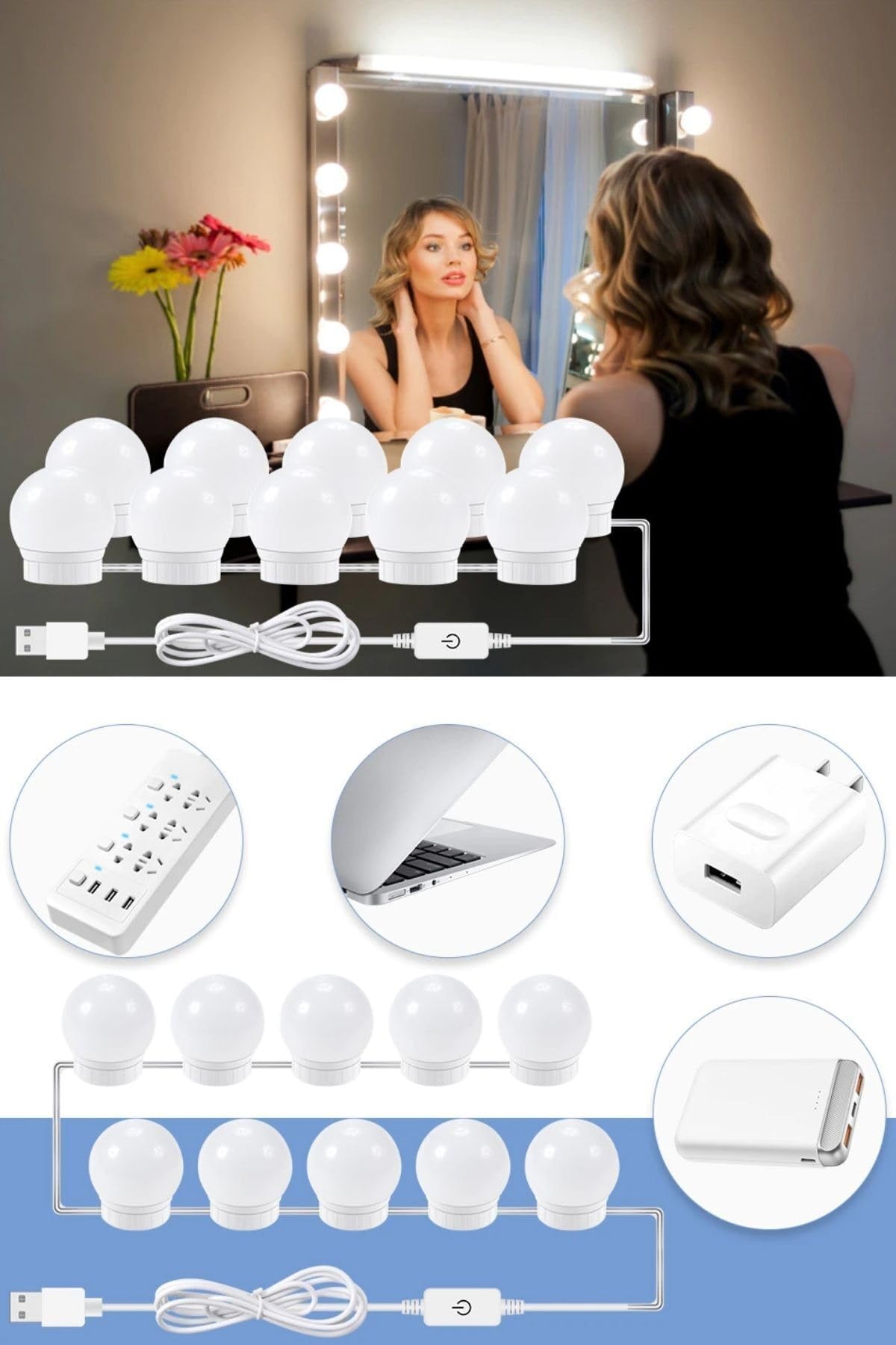 Buffer Nostalji Hollywood Tarzı 10'lu Makyaj Masası Aynası Beyaz LED Işıklı Lamba USB