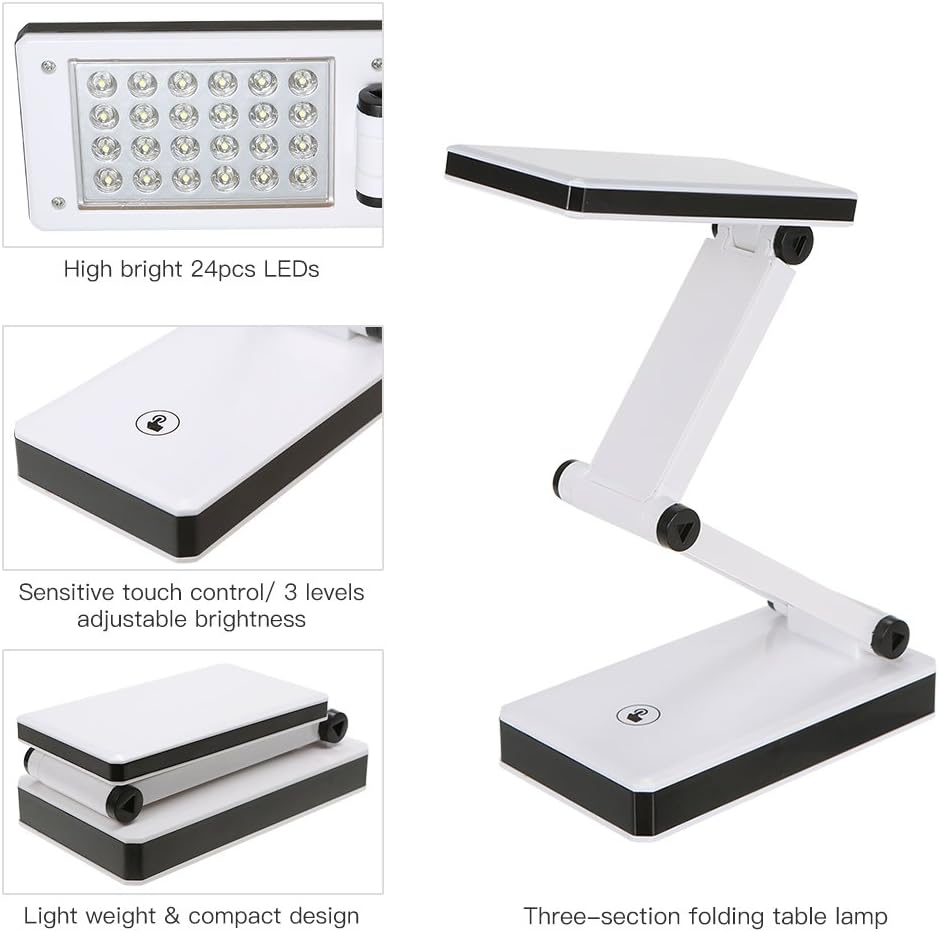 Lixada Foldable LED Desk Lamp Portable LED Table Lamp Folding Light Sensitive Touch Control 3 Levels Adjustable Brightness Battery and USB Powered for Travel Reading Studing Home Office School