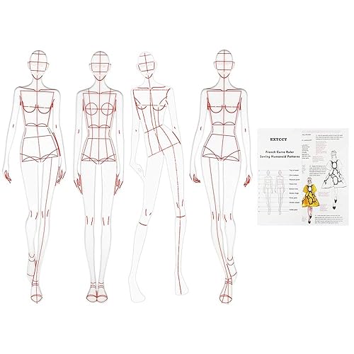 Miniatura 8 de Conjunto de reglas de plantilla de dibujo de moda EXTCCT, diseño de patrones humanoides para mujer, reglas de curva francesa para medición de ropa