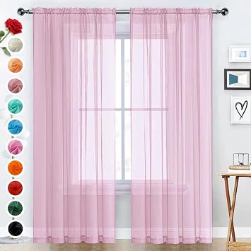 SpaceDresser Sheer Voile Window Treatment Rod Pocket Curtain Panels for Kitchen Bedroom Living Room Drapes Sunlight Filtering Privacy Semi Home Decor Assorted Light Pink, 52 W x 84 L