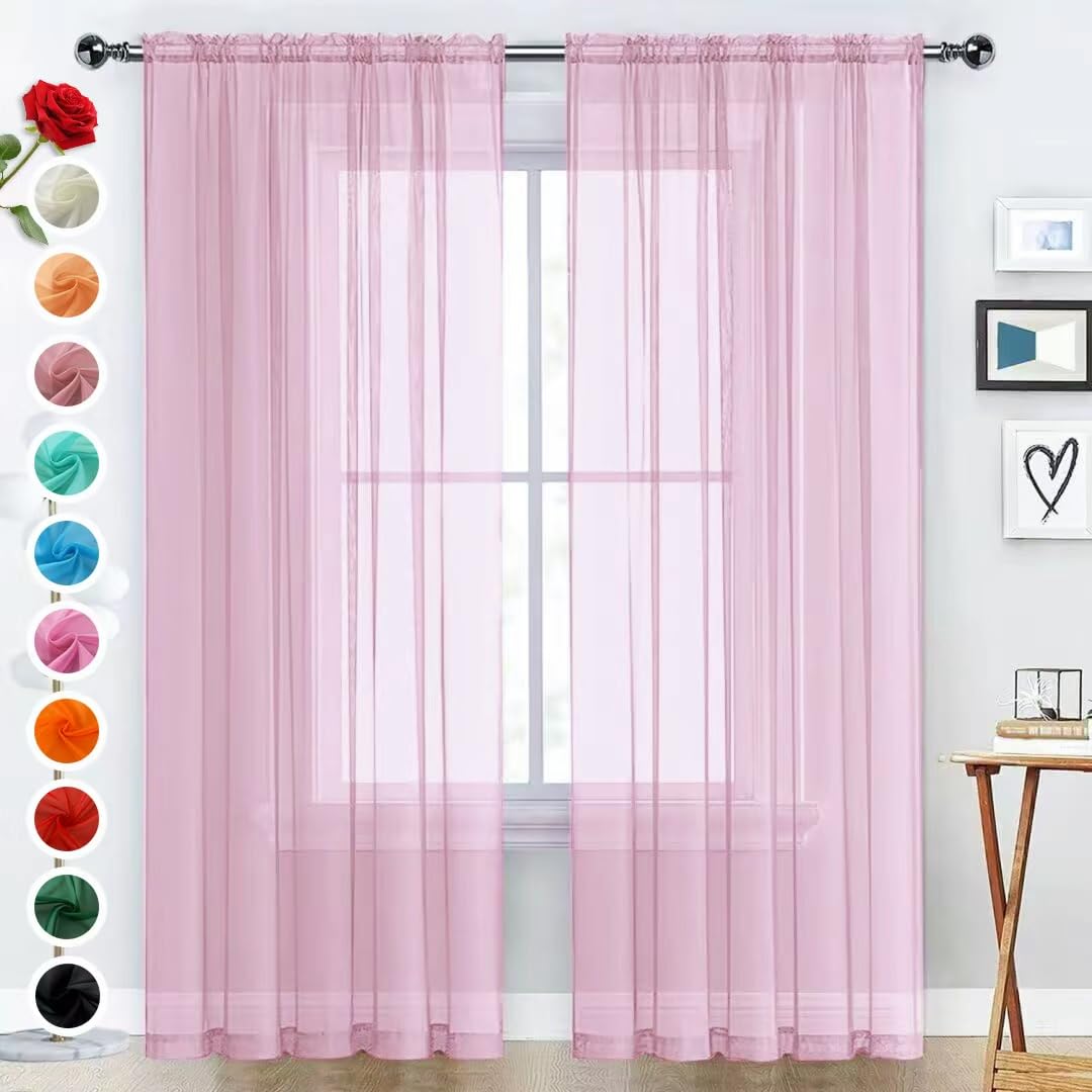 SpaceDresser Sheer Voile Window Treatment Rod Pocket Curtain Panels for Kitchen Bedroom Living Room Drapes Sunlight Filtering Privacy Semi Home Decor Assorted (Light Pink, 52 W x 72 L) — image 1