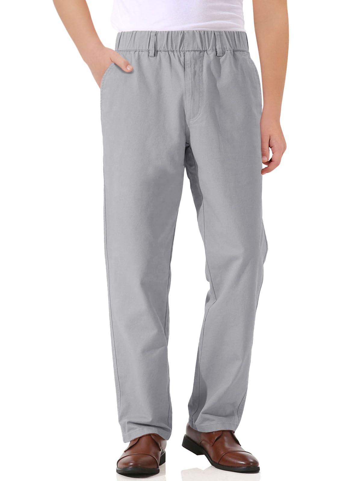 Haloumoning Pantalones de cintura elástica para niños, uniforme escolar, pantalones de sarga de algodón con bolsillos, 5-14 años