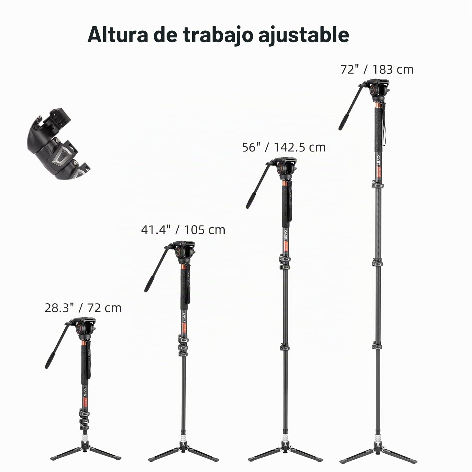 Cayer CF34DV Monopod para Video Profesional Cámara telescópica de Fibra de Carbono de 71 "Monopod con Cabezal de Movimiento de inclinación Horizontal y Base de trípode de 3 Patas