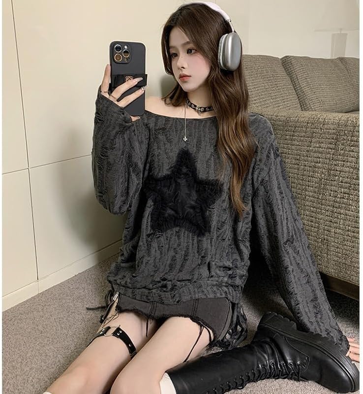 Women's T-Shirt Cold Shoulder Long Sleeve Top with Drawstring Cut Out Oversized Star Print Blouse for Women - Image 3